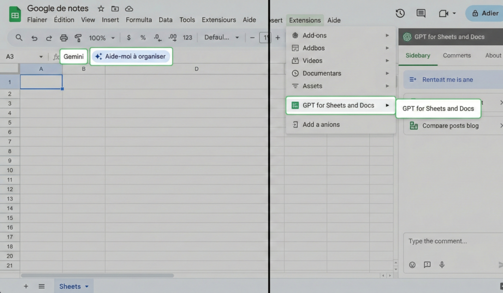 GPT for Sheets and Docs ou Numerous.ai permettent de connecter les modèles d'OpenAI (GPT-4) ou Claude directement